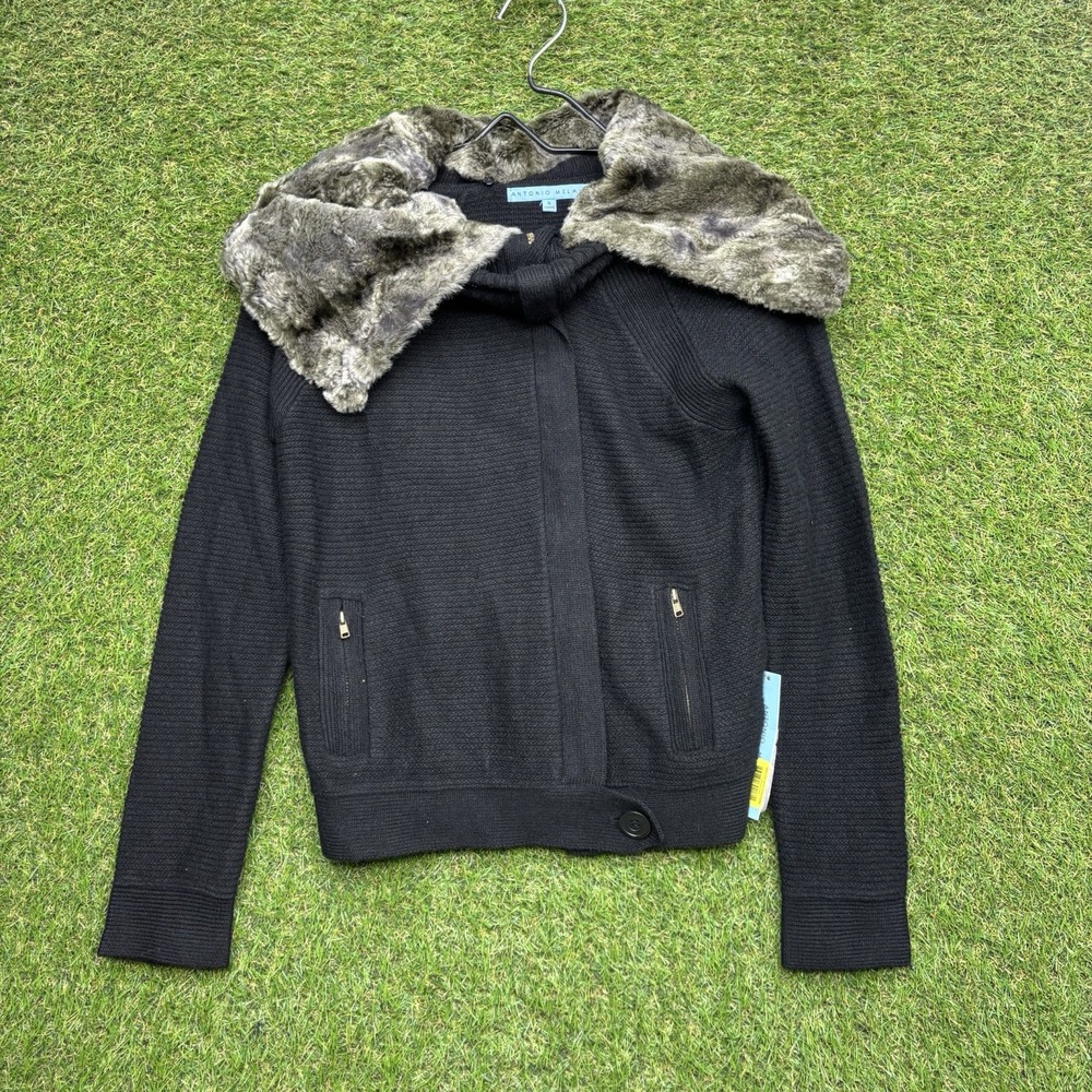 Antonio Melani Cashmere Cardigan Womens Small Fur Trim Sweater Zip Black NWT